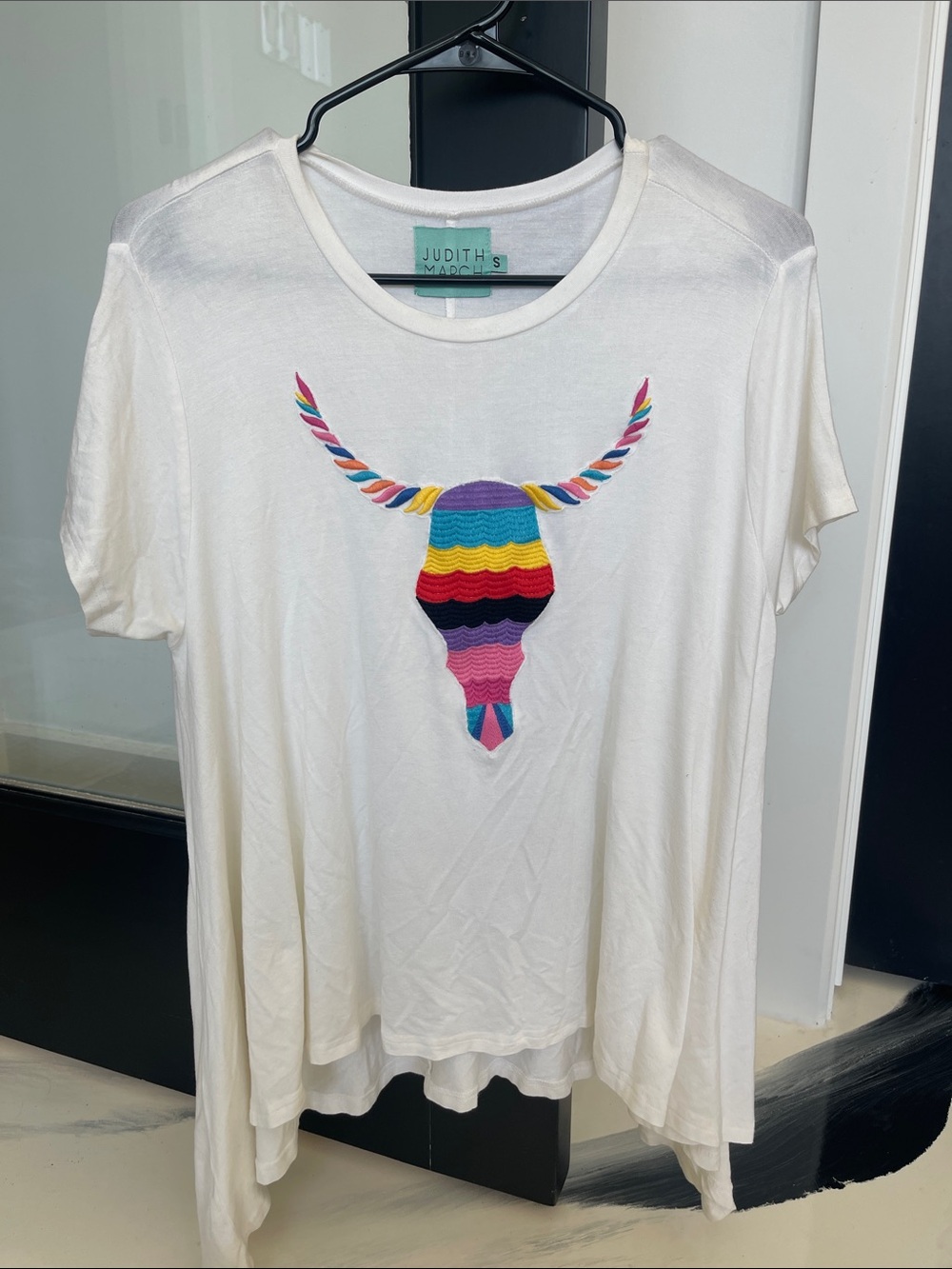 Judith March Cream Tee with Rainbow Bull Skull Embroidery